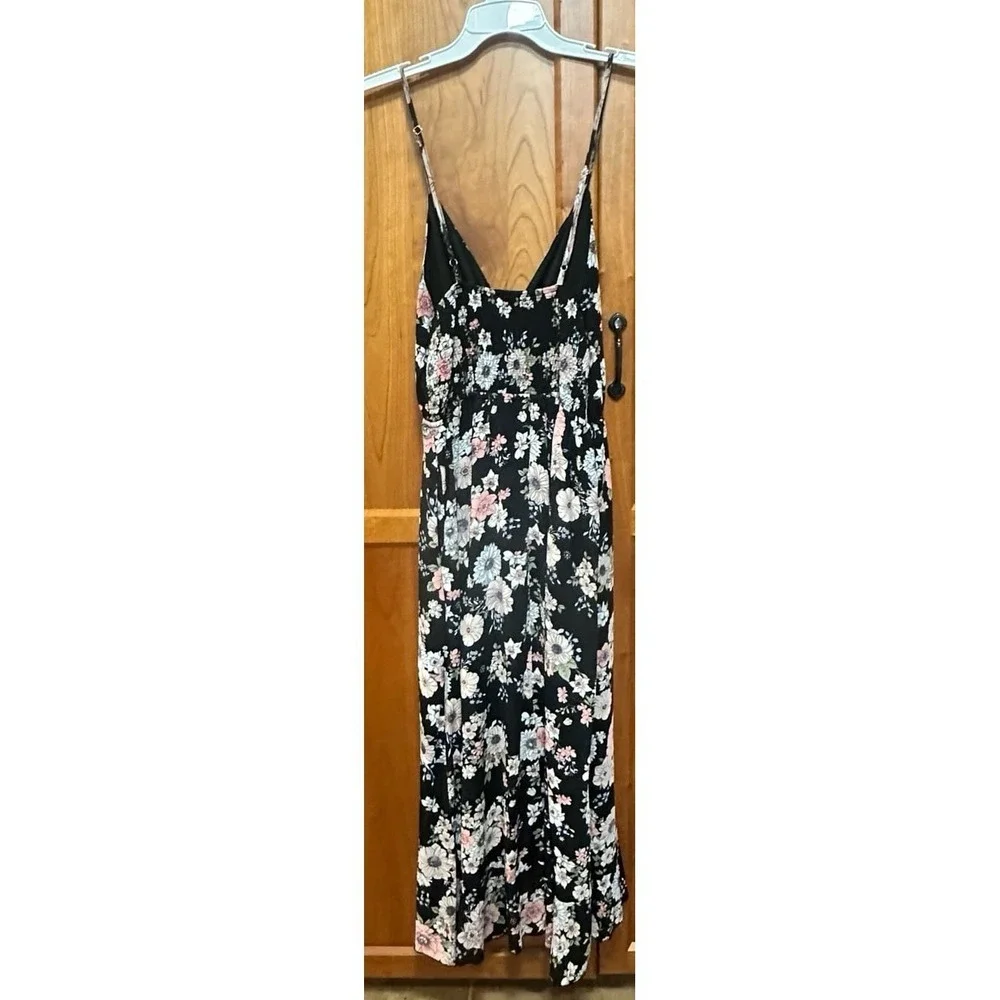 Aster Black Floral Print Sleeveless V-Neck Midi Dress, Large, flowy